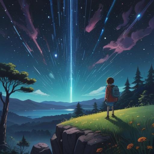 A serene landscape under a starry night sky, a figure gazing at the stars in contemplation, light beams shining down, symbolic constellations illustrating insights, tranquil reflection on dreams and realizations, whimsical elements blending with peaceful surroundings, soothing colors, 4k