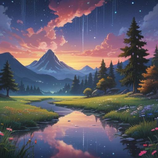 A serene and mystical landscape, starlit sky filled with shimmering droplets, ethereal glow surrounding each droplet, spiritual symbols blending with nature, gentle light illuminating the path, tranquil atmosphere, inspiring sense of guidance and calm, 4k