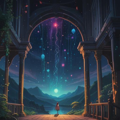 A mystical scene depicting hidden spiritual signs within droplets of stars, ethereal glows illuminating a dark night sky, intricate constellations swirling around, a serene landscape below reflecting the cosmic beauty, symbols of enlightenment subtly integrated into the starry patterns, tranquil atmosphere, harmonious color palette, enchanting details, 4k