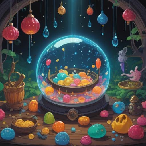 A whimsical illustration depicting a collection of lucky items, sparkling droplets resembling stars, vibrant colors, enchanting atmosphere, various artifacts like charms and crystals, surrounded by twinkling lights, sense of hope and transformation, rich details, 4k