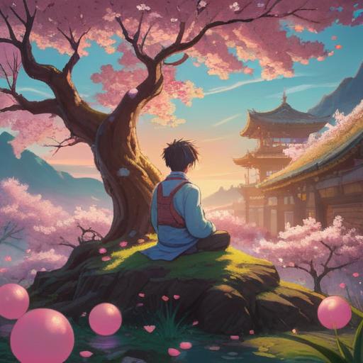 A serene and tranquil scene depicting a person meditating under a large, blossoming cherry tree, surrounded by floating glowing orbs representing positive thoughts, soft sunlight filtering through the branches, a gentle breeze creating ripples in a nearby pond, warm colors, peaceful atmosphere, harmonious composition, 4k