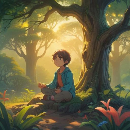 A serene and mystical landscape representing spiritual growth, soft light illuminating surrounding trees, a child peacefully meditating under a large tree, ethereal glow symbolizing pain and transformation, harmonious nature elements blending together, vibrant colors reflecting positive energy, whimsical clouds in the sky, uplifting atmosphere, 4k