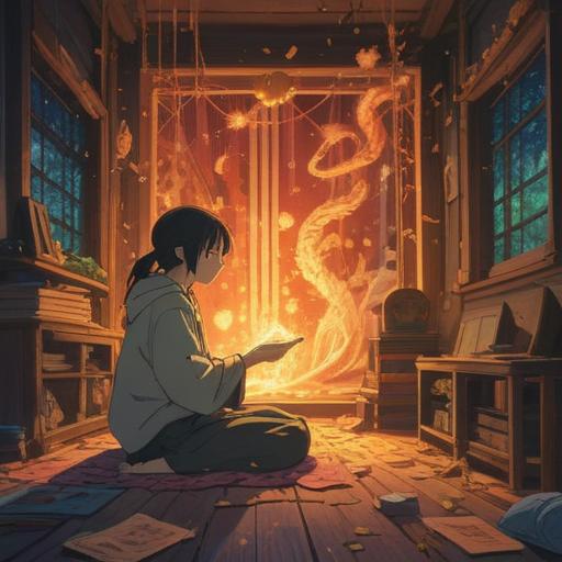 A serene and introspective scene depicting a person experiencing growing pains, surrounded by ethereal symbols of spiritual awareness, warm golden light illuminating their figure, gentle wisps of energy representing intuition and guidance, nature in the background flourishing with vibrant colors, a sense of transformation and healing, 4k