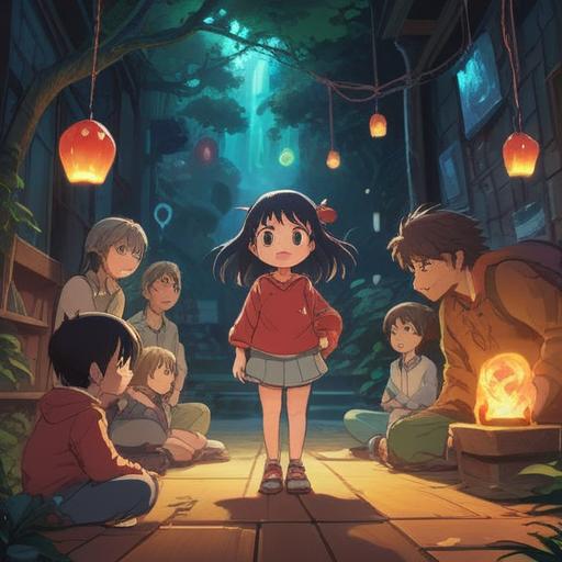 A hopeful scene depicting a child facing growth pains, determined expression, surrounded by supportive friends, vibrant light symbolizing luck, dynamic poses of encouragement, serene park background, uplifting atmosphere, emotional resilience, 4k