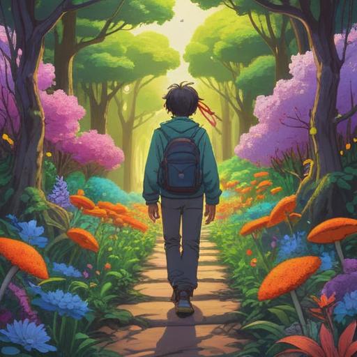 A vibrant illustration of a person standing at the edge of a path, symbolizing the first step towards growth, surrounded by blooming flowers and sunlight, a serene atmosphere, a blend of hope and determination in their expression, lush greenery in the background, 4k