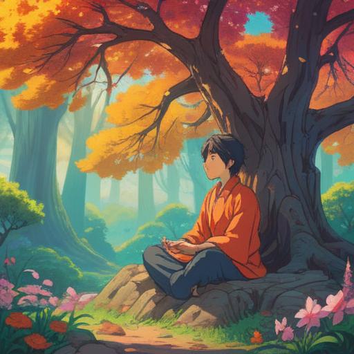 A serene and enlightening scene representing spiritual growth, a person meditating under a blooming tree, vibrant colors symbolizing energy and transformation, ethereal light surrounding the figure, gentle breeze rustling the leaves, a gradient sky reflecting dawn, symbols of wisdom and knowledge in the background, peaceful atmosphere, 4k