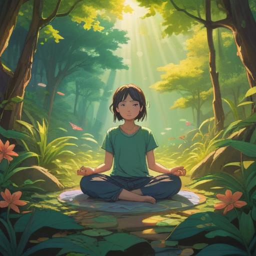 A serene illustration of a person meditating in a tranquil environment, surrounded by gentle nature, soft sunlight filtering through leaves, a calm expression on their face, elements symbolizing inner peace like flowing water and blooming flowers, harmonious colors, peaceful atmosphere, mindfulness focus, 4k