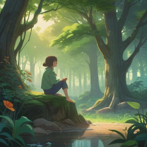 A serene and meditative scene, a person sitting in a tranquil nature setting, surrounded by gentle sunlight filtering through trees, ethereal energy swirling around them, colorful mandalas and symbols representing spiritual growth, peaceful expressions, harmonious connection with nature, clear mind and open heart, 4k