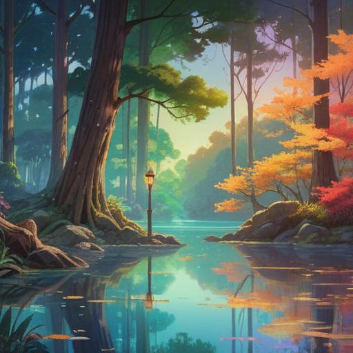 A serene landscape representing the harmony of spiritual growth, vibrant colors, ethereal light shining through trees, reflections on a calm lake, an individual in peaceful meditation, symbols of balance and unity, gentle breeze rustling leaves, uplifting and positive energy, 4k