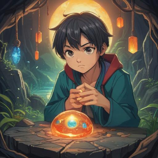 A serene illustration depicting a person holding a shimmering lucky stone, expression showing a mix of contemplation and realization, surrounded by soft light, lush green environment, subtle symbols of gender diversity in the background, conveying feelings of self-discovery and acceptance, ethereal ambiance, delicate details, 4k
