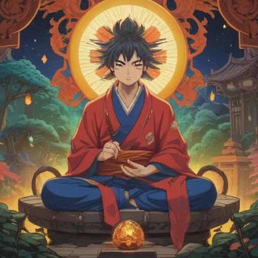 A serene illustration of Seishi Bosatsu, surrounded by radiant light, symbolizing spiritual enlightenment and compassion, intricate patterns representing wisdom and balance, tranquil nature setting with blooming lotus flowers, ethereal atmosphere, harmonious color palette, contemplative expression, 4k