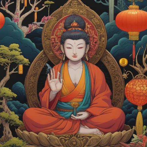 A serene depiction of the Ksitigarbha Bodhisattva surrounded by lucky accessories, intricate details of traditional Japanese amulets, vibrant colors, soft lighting, harmonious composition, gentle expressions, symbolic elements representing fortune and protection, nature-inspired background, peaceful ambiance, 4k