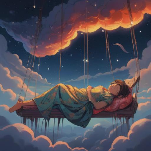 A serene illustration of a person peacefully sleeping under a starry sky, glowing aura around the sleeping figure, dreamlike clouds floating above, ethereal light emanating from the surroundings, symbols of tranquility and enlightenment, surrounded by soft pastel colors, reflecting a sense of spiritual awakening, nature elements like trees and flowers gently swaying, calm atmosphere, peaceful vibes, 4k
