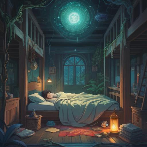A serene scene depicting a person experiencing extreme sleepiness, surrounded by ethereal, glowing symbols representing spiritual signs, a soft, misty atmosphere, gentle light filtering through, dreamlike quality, tranquil expression on the person's face, emphasis on the connection between sleep and spirituality, harmonious colors, intricate details, calming environment
