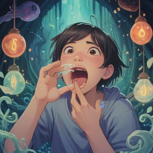 A serene and dreamy illustration, a person yawning widely surrounded by ethereal glowing objects, soft pastel colors, hints of mystical symbols, a cozy bedroom setting with a bed and fluffy pillows, golden light filtering through a window, an aura of tranquility and spirituality, whimsical and enchanting atmosphere, 4k