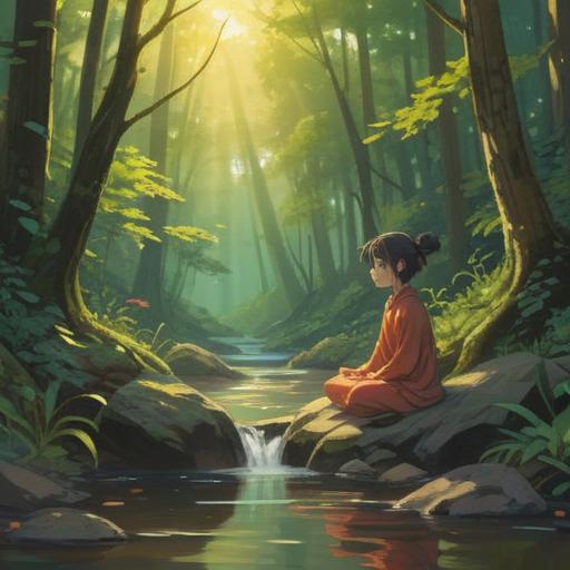 A serene scene of a person meditating in a tranquil forest, golden sunlight filtering through the trees, calm flowing stream nearby, soft moss covering the ground, peaceful expression on the person's face, harmonious connection with nature, vibrant greenery, 4k
