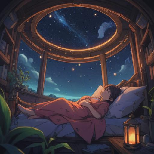 A serene and calming illustration of a person peacefully sleeping under a starry night sky, gentle glowing aura surrounding them, ethereal light indicating spiritual connection, soft and soothing colors, dreamlike landscape with floating clouds and sparkling stars, symbolizing inner peace and awakening, harmonious atmosphere, 4k