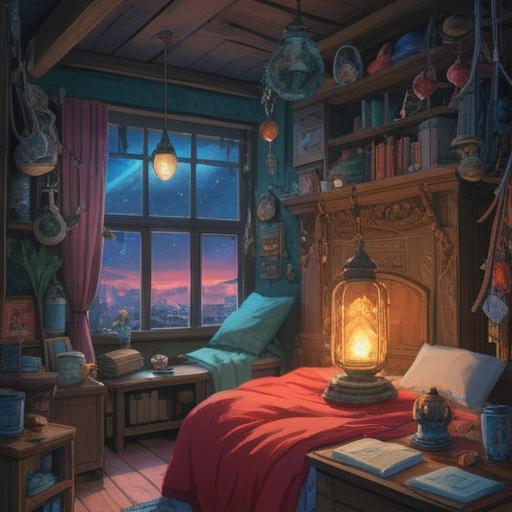 A calming scene depicting a collection of lucky items to overcome extreme sleepiness, vibrant colors, magical aura, intricately designed talismans, a cozy room filled with plush cushions, ambient lighting, serene expressions, inviting atmosphere, whimsical details