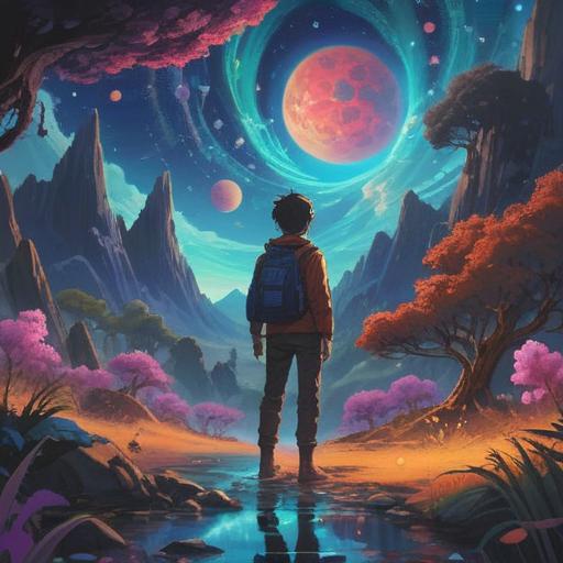 A vibrant cosmic landscape, ethereal energy streams connecting different realities, spiritual symbols representing alternate dimensions, a traveler gazing into the multiverse, celestial colors blending harmoniously, enchanting atmosphere, mystical flora and fauna, dreamlike essence, intricate detail, 4k