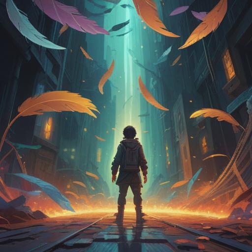 A mystical illustration of a person standing at the crossroads of different worlds, ethereal light shining down, symbolic signs floating around like feathers, a cosmic landscape in the background, vibrant colors, a sense of awakening and transformation, spiritual energy swirling, 4k