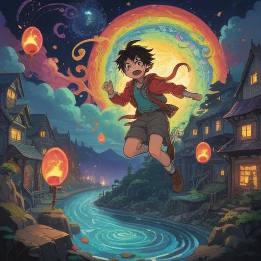 A whimsical scene of a character jumping between different timelines, vibrant colors, swirling portals, each world showcasing unique landscapes, dynamic movement, playful expressions, bright energy trails, imagination and adventure, fantasy elements, 4k