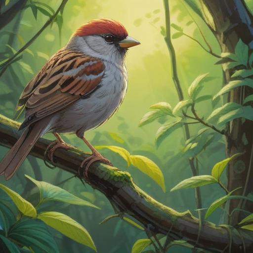 A serene scene depicting a spiritual connection with a sparrow nearby, vibrant greenery, gentle sunlight filtering through leaves, symbolizing freedom and joy, peaceful atmosphere, soft feather details, representing messages from the spirit world, harmonious surroundings, 4k