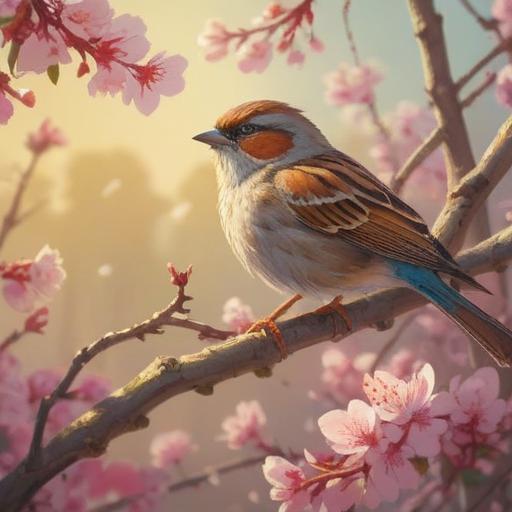 A serene scene depicting a sparrow perched on a blossoming cherry tree branch, vibrant flowers surrounding the bird, soft sunlight filtering through the leaves, a sense of peace and tranquility, symbolism of good fortune and spiritual guidance, gentle breeze rustling the petals, 4k
