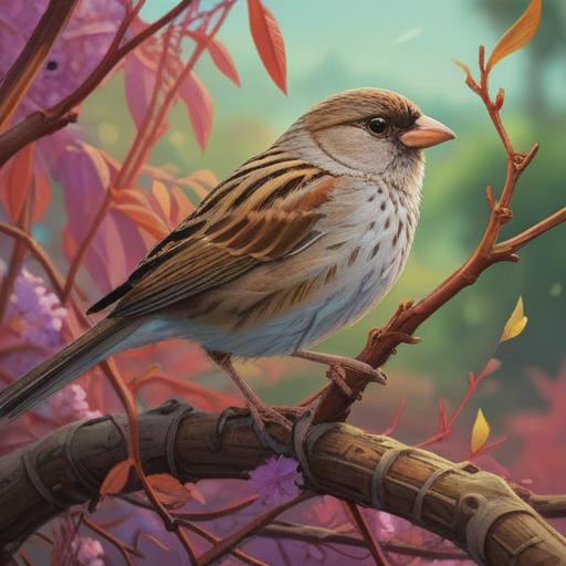 A serene nature scene featuring a sparrow approaching closely, vibrant details showcasing the bird's feathers, spiritual symbols subtly integrated in the background, soft light illuminating the surroundings, tranquil atmosphere, connection between nature and spirituality, 4k