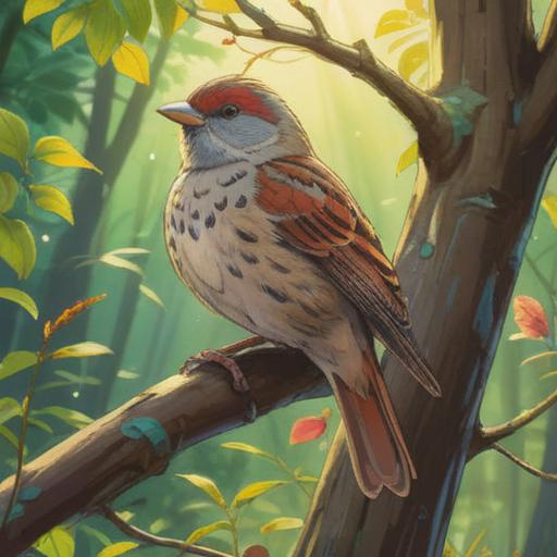 A charming illustration of a sparrow perched on a lucky charm, bright sunlight filtering through trees, vibrant colors depicting a serene garden setting, symbolic elements like coins and four-leaf clovers around, warm and inviting atmosphere, intricate details showcasing the sparrow and the charm, 4k