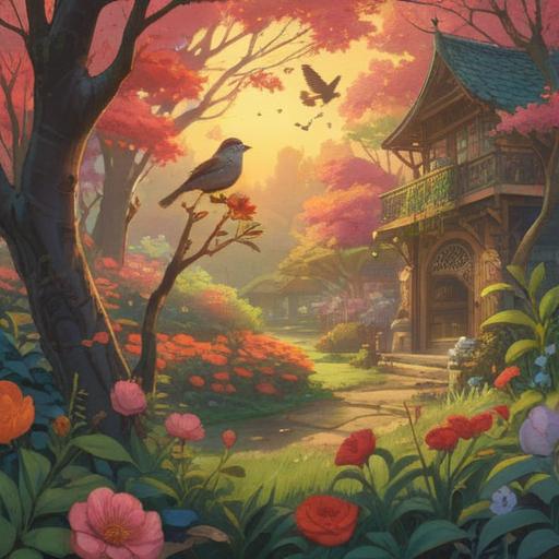 A serene scene of sparrows gathering around a garden, vibrant flowers in bloom, soft sunlight filtering through leaves, a sense of abundance and prosperity, gentle expressions on the sparrows, lush greenery, calm atmosphere, symbolic representation of attracting richness, 4k