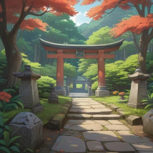 A serene landscape featuring Sugimori Shrine, surrounded by lush greenery, tranquil atmosphere, traditional Japanese architecture, a sacred torii gate, soft rays of sunlight filtering through the trees, symbolizing spirituality and connection with nature, peaceful pathways leading to the shrine, 4k