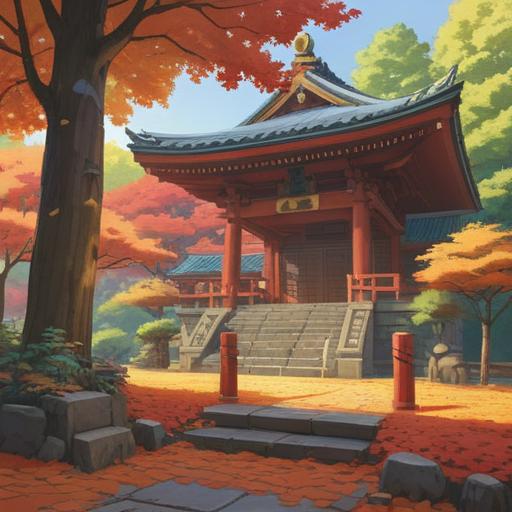 A serene landscape featuring Sugimori Shrine, vibrant autumn leaves, mystical aura, soft morning light filtering through trees, traditional Japanese architecture, visitors experiencing a spiritual connection, symbolic elements of good omens, tranquility and harmony, 4k