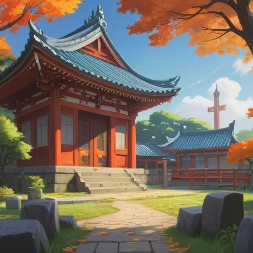 A serene and mystical scene at Sugimori Shrine, visitors observing spiritual signs, gentle breeze rustling the leaves, sunlight filtering through ancient trees, ethereal glow surrounding the shrine's torii gate, people meditating and reflecting, subtle symbols in the air representing guidance, tranquil pond reflecting the surroundings, rich green foliage, peaceful atmosphere, 4k