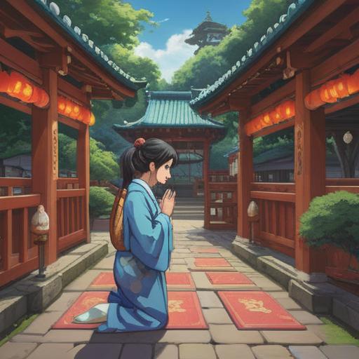 A serene depiction of Sugimori Shrine, visitors engaged in prayer, the atmosphere filled with tranquility, colorful omamori (amulets) hanging from the shrine, traditional Japanese architecture, vibrant cherry blossoms in the background, a sense of spiritual fulfillment, soft natural lighting, 4k