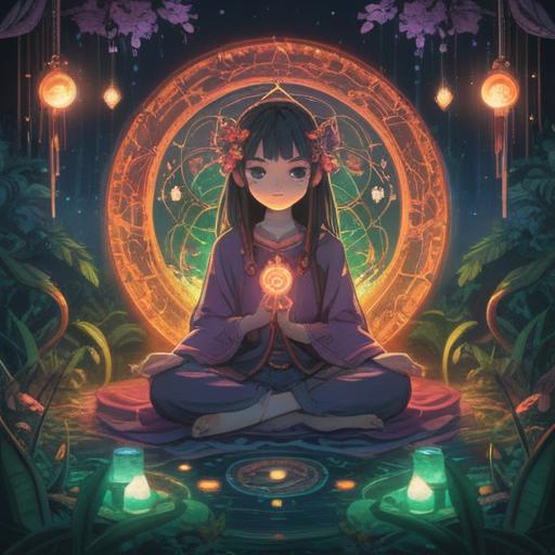 A mystical and ethereal illustration, featuring numerology symbols and spiritual signs, soft glowing lights, a serene figure meditating in a tranquil landscape, celestial elements like stars and constellations, harmonious color palette, inviting atmosphere, detailed symbolism, 4k