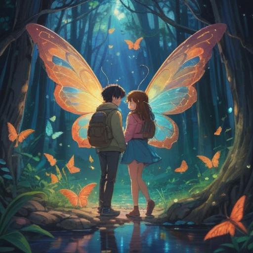 A serene illustration of two friends joyfully reuniting after several years, surrounded by warm, ethereal light, symbolic elements like butterflies and glowing orbs representing spiritual signs, an uplifting and peaceful atmosphere, intricate details in their expressions and surroundings, soft color palette, 4k