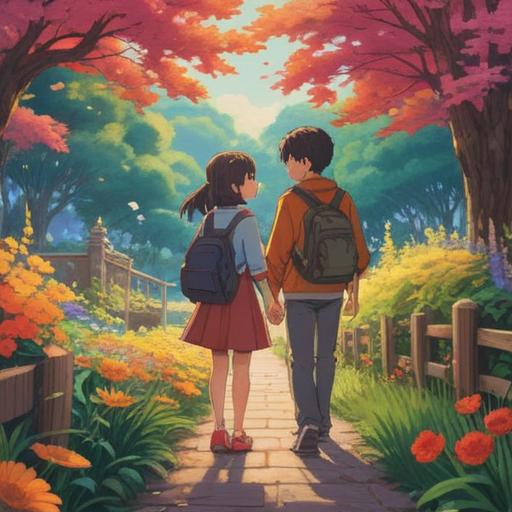 A heartwarming scene of two friends reuniting after years apart, joyful expressions on their faces, a picturesque park backdrop with blooming flowers and sunlight filtering through the trees, gentle breeze rustling leaves, nostalgic atmosphere, meaningful conversation, embracing each other tightly, capturing the essence of friendship, 4k