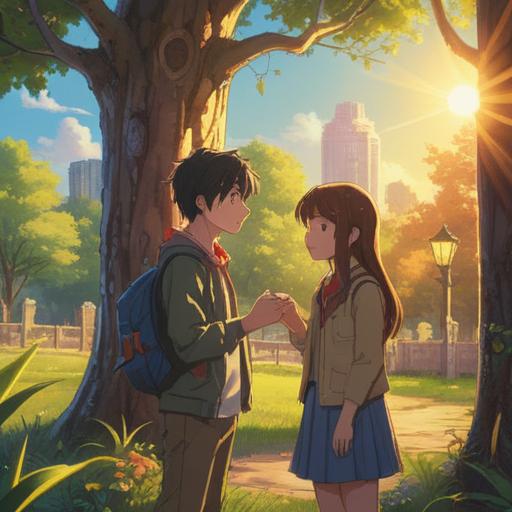 A serene outdoor scene, two friends embracing joyfully after years apart, warm sunlight filtering through trees, subtle spiritual symbols in the background, expressions of happiness and connection, vibrant nature, sense of renewal, peaceful atmosphere, colors reflecting hope and harmony, 4k