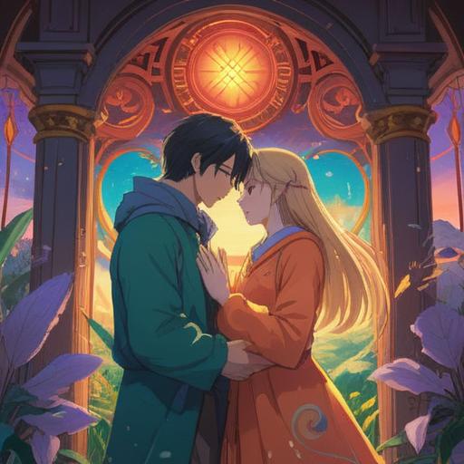 A serene scene depicting a reunion, gentle light illuminating the moment, ethereal symbols in the background representing spiritual signs, two figures embracing with expressions of joy and understanding, nature surrounding them with soft, vibrant colors, subtle energy waves radiating from their connection, a sense of tranquility and clarity, 4k