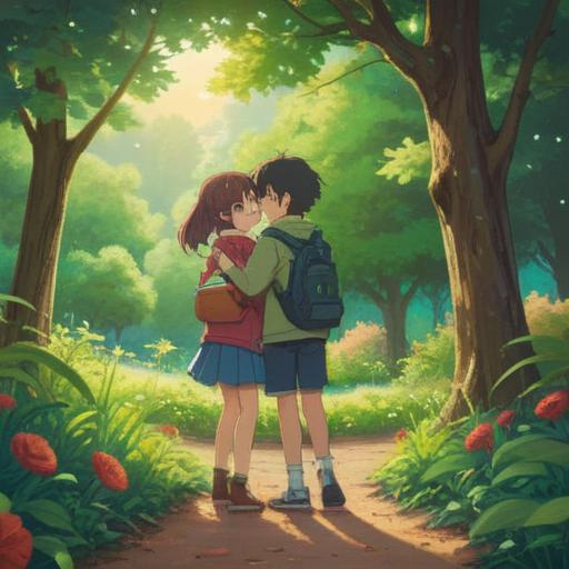 A heartfelt reunion scene, two friends embracing in a sunlit park, lush green trees surrounding them, expressions of joy and nostalgia on their faces, vibrant flowers in bloom, a sense of growth and maturity in their body language, capturing the essence of personal growth through connection, 4k