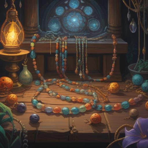 A spiritually significant scene depicting a broken prayer bead necklace, ethereal light emanating from the broken beads, symbolizing the release of negative energy, serene surroundings with gentle nature elements, a sense of liberation and renewal, deep connection to spirituality, harmonious composition, 4k