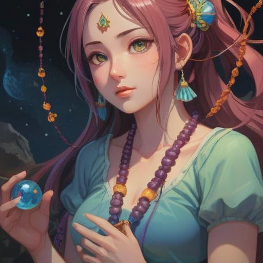 A spiritual illustration depicting the moment a prayer bead necklace breaks, symbolizing positive energy release, ethereal light surrounding the beads, vibrant colors representing blessings and protection, serene facial expression of a person reflecting on this event, nature-inspired background with soft greenery and flowing water, harmonious atmosphere, 4k