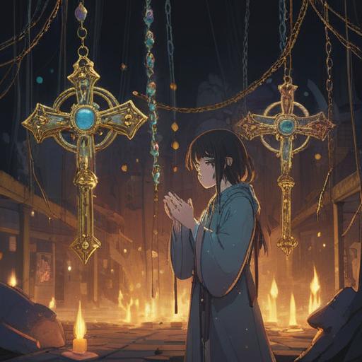 A serene and contemplative scene depicting a broken rosary, subtle light shining through, spiritual symbols scattered around, soft ethereal glow, deep connection to the universe, reflections of mindfulness, hints of transformation, 4k