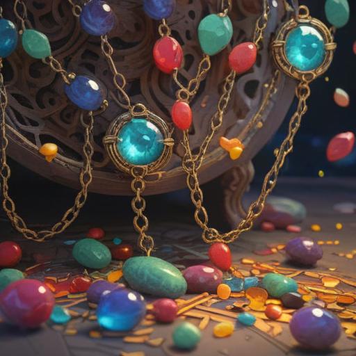 A shattered rosary scattering colorful lucky stones, vibrant hues reflecting light, delicate textures of each stone, serene atmosphere, remnants of the broken beads lying on a wooden surface, gentle sunlight illuminating the scene, 4k