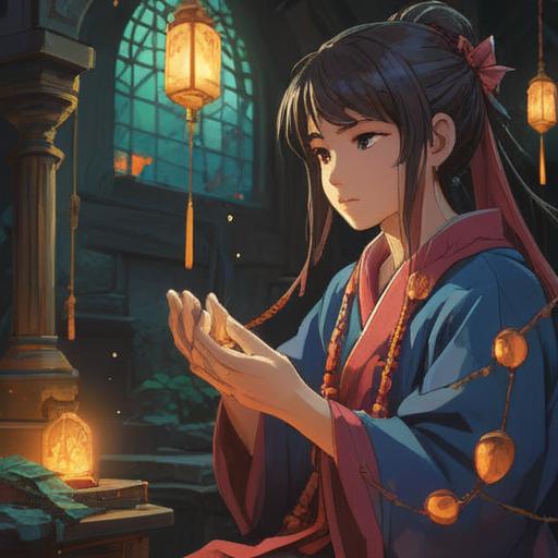 A mysterious scene depicting a broken string of prayer beads, fragments scattered, a glowing lucky number appearing in the background, ethereal illumination, a serene environment, hints of spirituality, tranquil ambiance, intricate details, vivid colors, 4k