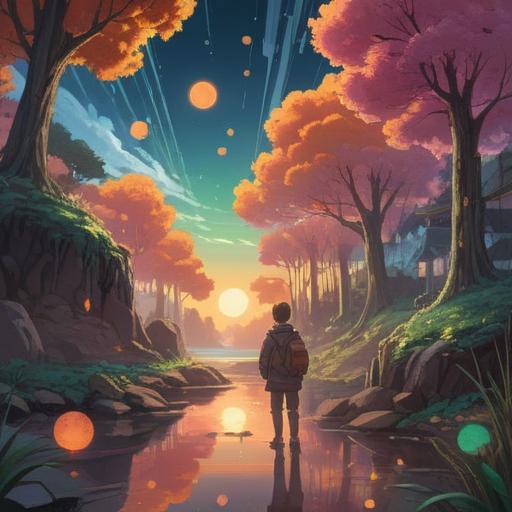 A serene landscape with floating orbs of light, subtle energy emanating from the surroundings, a person looking contemplative while searching for lost beads, ethereal symbols appearing in the air, gentle rays of sunlight breaking through clouds, calming atmosphere, richly detailed scene, 4k