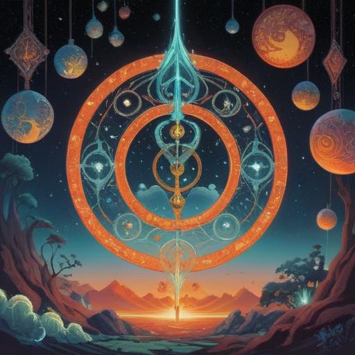 A mystical representation of the number 9, surrounded by ethereal symbols, glowing orbs, and celestial patterns, embodying spiritual energy and transformation, a serene landscape in the background, vibrant colors blending harmoniously, suggesting completion and enlightenment, 4k