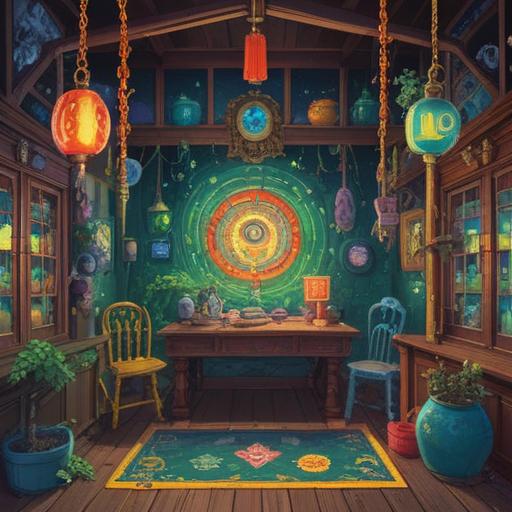 A whimsical illustration showcasing a lucky charm themed around the number 9, vibrant colors, intricate details, surrounded by lucky symbols such as four-leaf clovers and horseshoes, featuring a glowing number 9 at the center, enchanting atmosphere, playful design, 4k