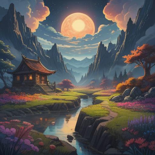 A mystical landscape featuring the number 2, surrounded by ethereal light, symbols of balance and harmony, celestial elements like stars and moons, serene nature with lush greenery, soft flowing water representing tranquility, angelic beings whispering guidance, vibrant and uplifting atmosphere, spiritually enriching visual, 4k
