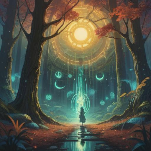 A mystical scene depicting the number two, glowing symbols around it representing duality and balance, ethereal light illuminating the environment, serene nature backdrop with a tranquil river, two figures meditating in harmony, spiritual energy flow, vibrant colors, 4k